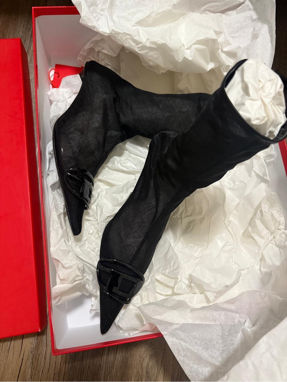 Diesel Black Pointed Toe Buckle Sock Booties